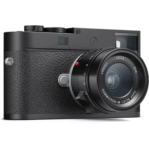 Black Leica M camera with lens on a white background