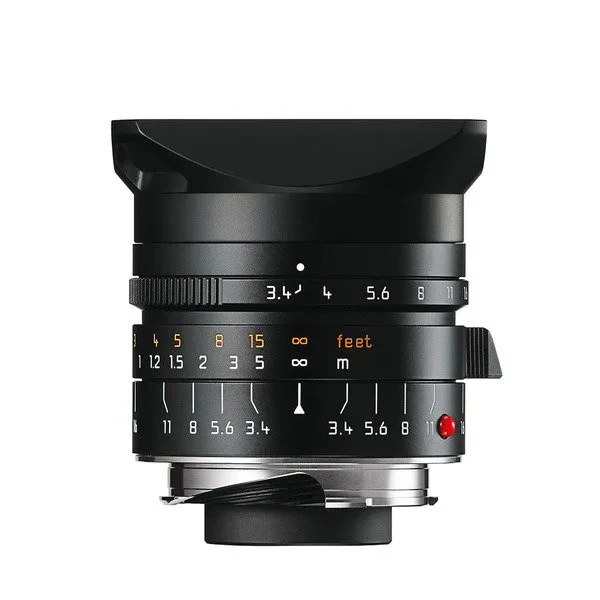 Black Leica Super-Elmar-M 21mm lens with hood