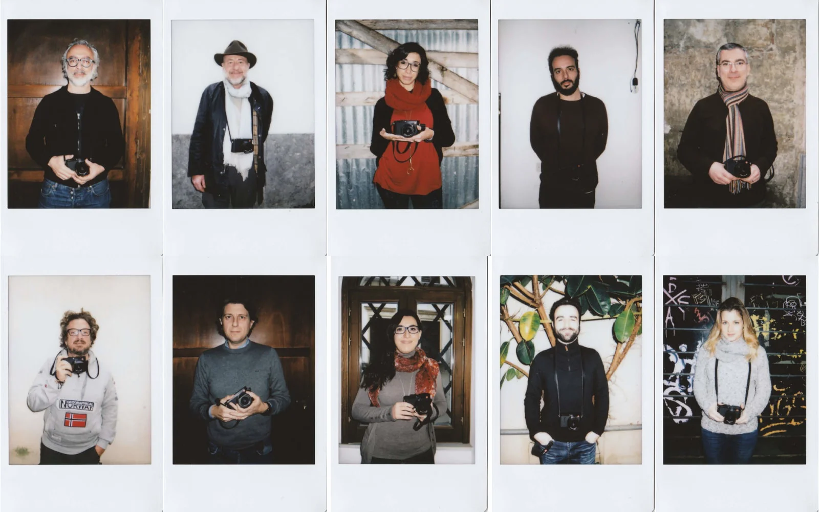 A grid of portrait photographs of people holding cameras