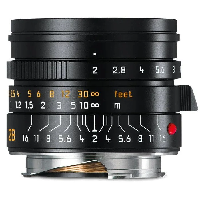 Leica Summicron-M 28mm lens on a white background