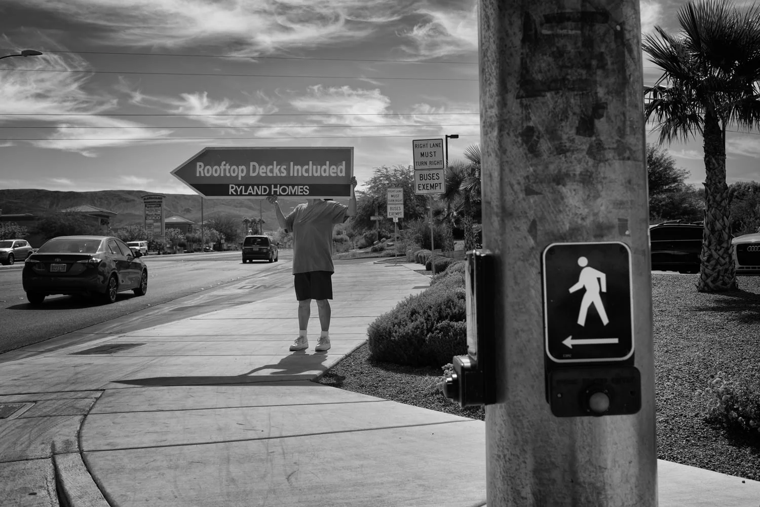 A pedestrian stands beside a crossing button near the waterfront