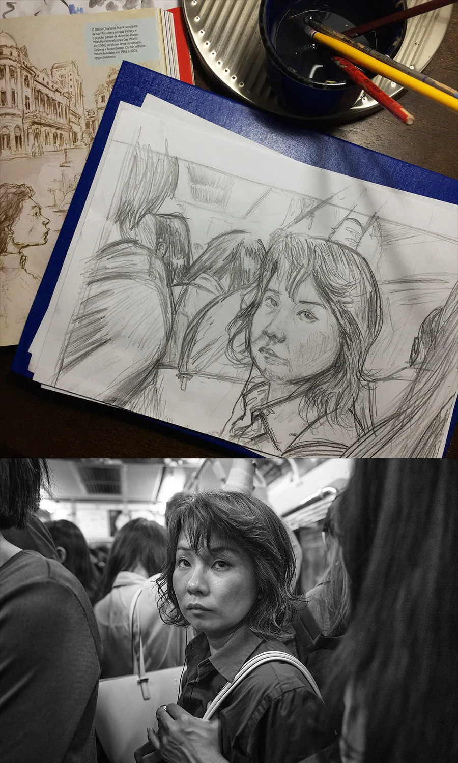 A pencil drawing above the original photograph of a subway passenger