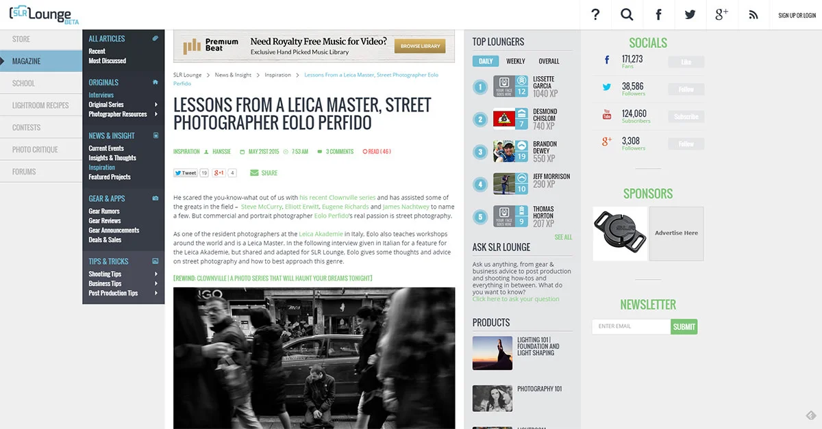 SLR Lounge article featuring Eolo Perfido's street photography