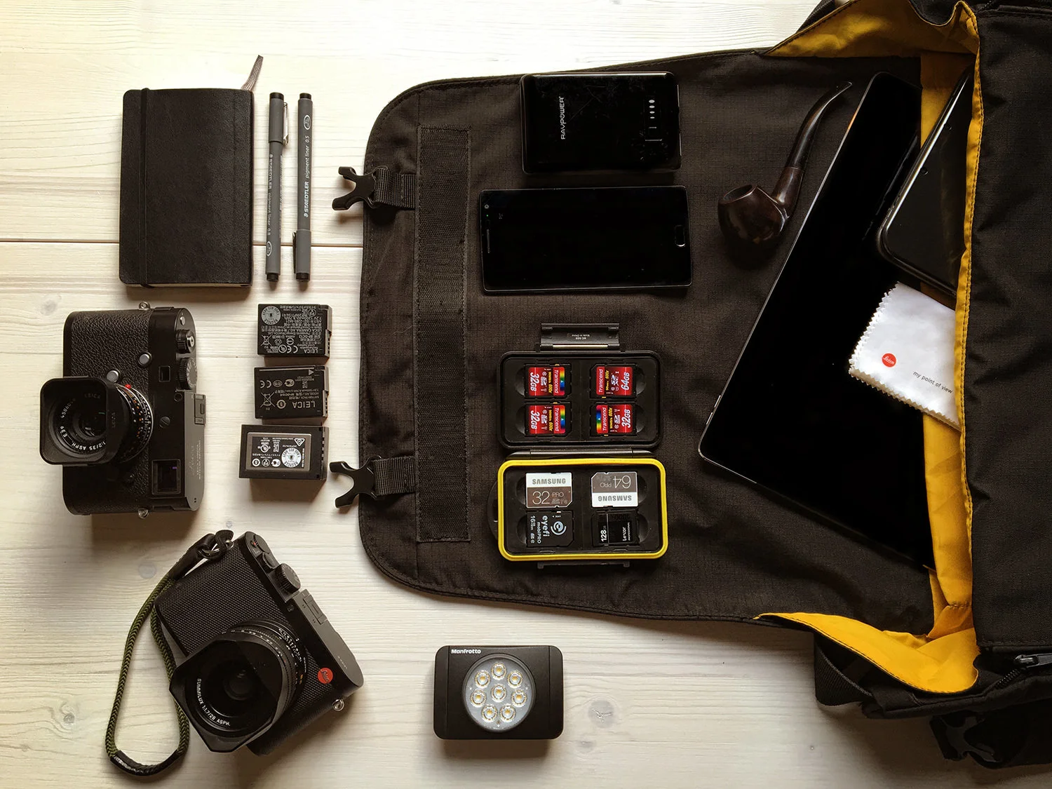 Cameras, memory cards and personal items arranged beside an open bag