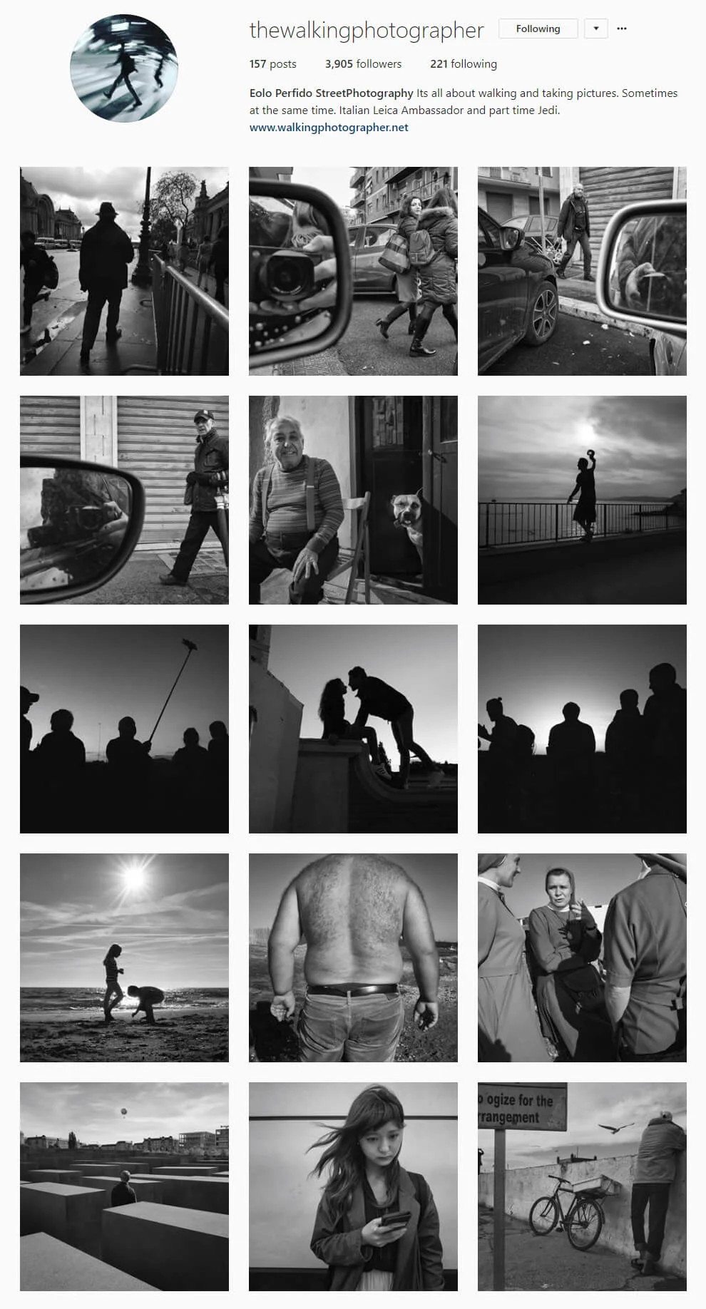 The Walking Photographer Instagram profile with a grid of photographs